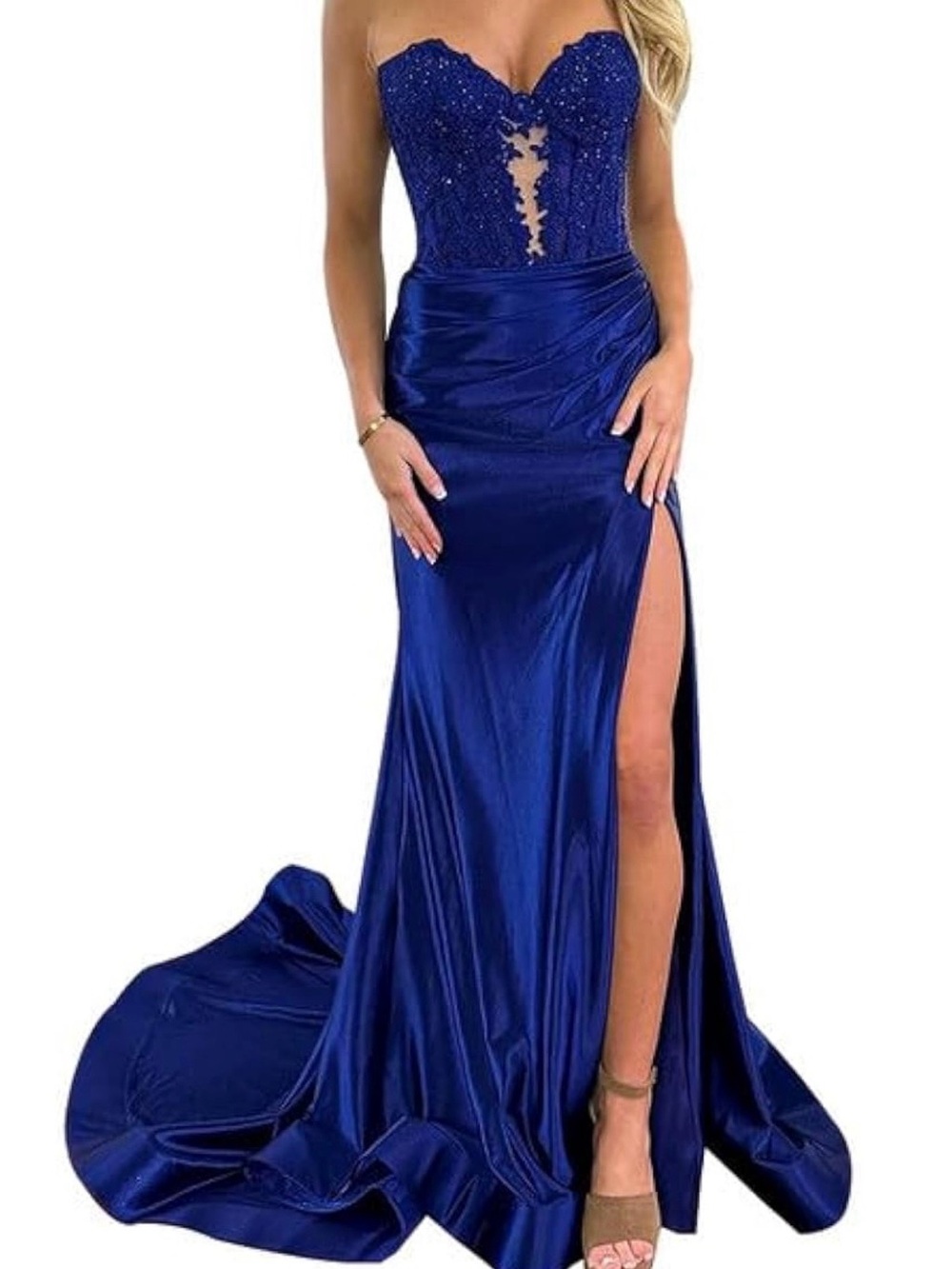 Strapless Royal Blue Evening Gown with Beaded Bodice